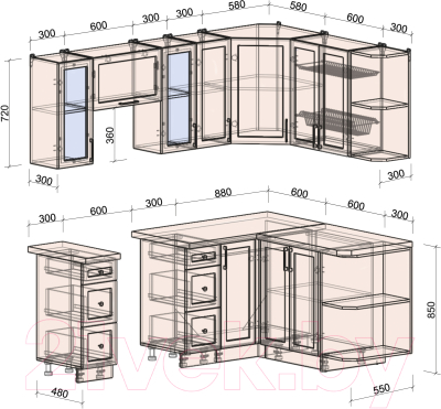 Готовая кухня Интерлиния Тренд 1.5x2.1 правая (луна/белый/серый каспий)