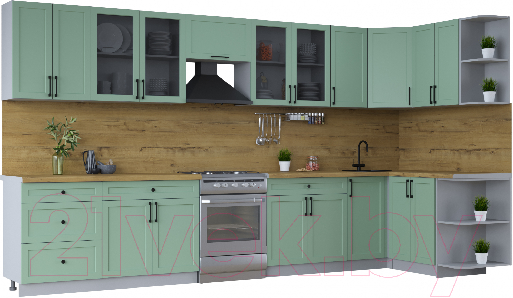 Кухонный гарнитур Interline Тренд 1.5x3.8 правая (мята/мята/дуб бунратти)