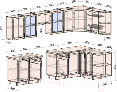 Готовая кухня Интерлиния Тренд 1.5x3.1 правая (слоновая кость/слоновая кость/кастилло темный)