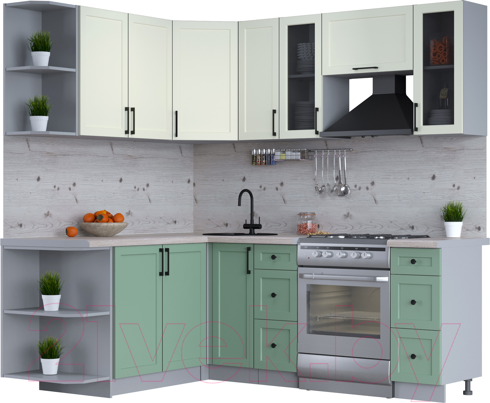 Кухонный гарнитур Interline Тренд 1.7x2.1 левая (мята/белый/бискайская сосна)