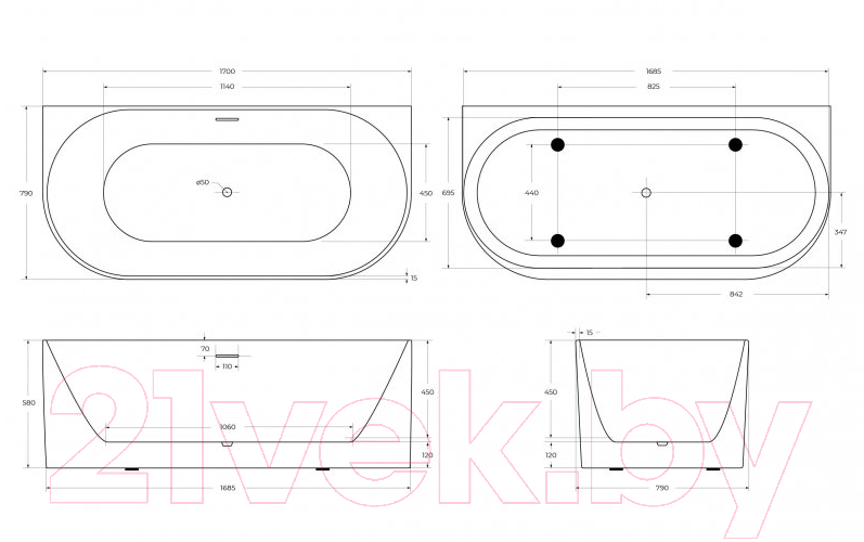 Ванна акриловая BelBagno BB412-1700-800-MATT