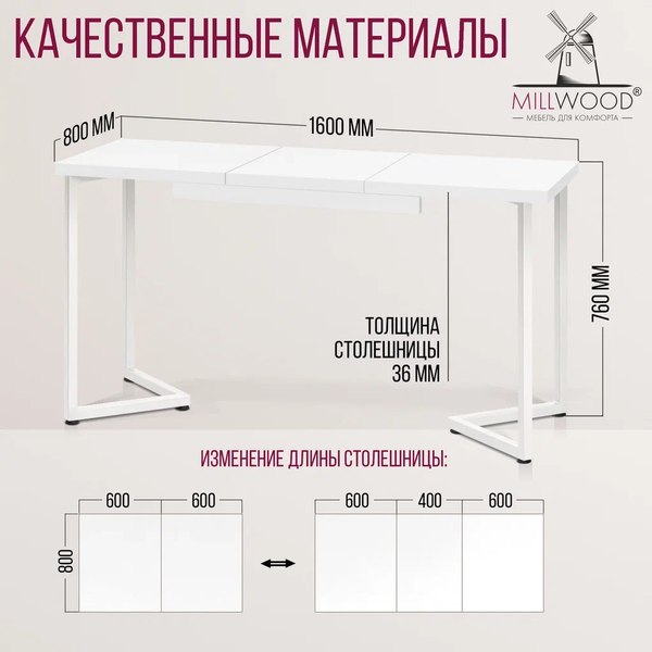 Купить Обеденный стол Millwood Лофт Лондон Л 120-160x80x76  