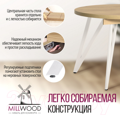 Обеденный стол Millwood Женева 3 Л D100-140x100x76 (дуб золотой Craft/металл белый)