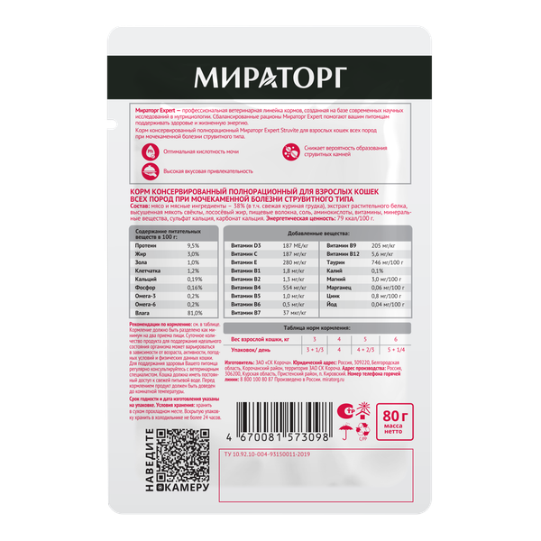 Влажный корм для кошек Мираторг Expert Struvite / 1010024067 (80г)