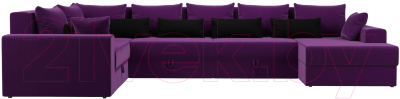 Диван П-образный Лига Диванов Майами П 93 левый (микровельвет фиолетовый/подушки фиолетовый/черный)