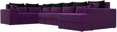 Диван П-образный Лига Диванов Майами П 93 левый (микровельвет фиолетовый/подушки черный/фиолетовый)