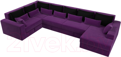 Диван П-образный Лига Диванов Майами П 93 левый (микровельвет фиолетовый/подушки черный/фиолетовый)