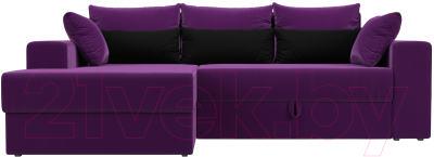 Диван угловой Лига Диванов Майами 15 левый (микровельвет фиолетовый/подушки фиолетовый/черный)