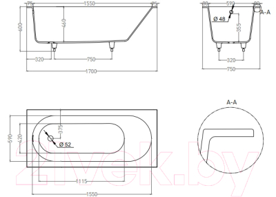 Ванна из искусственного мрамора Umy Home Umy In 170x75 / UG10911RF (U-Coat, черный глянцевый)