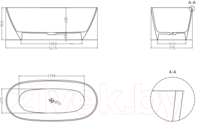 Ванна из искусственного мрамора Umy Home Noa Light 162x77 / UM10321RF (U-Solid, черный матовый)