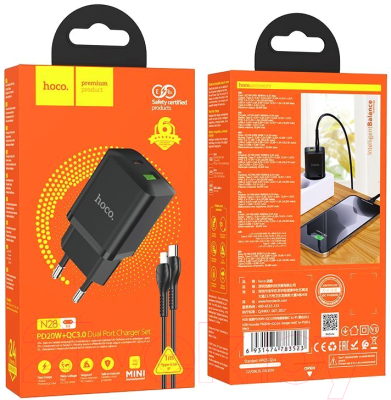 Зарядное устройство сетевое Hoco N28 + кабель Type-C to Lightning (черный)