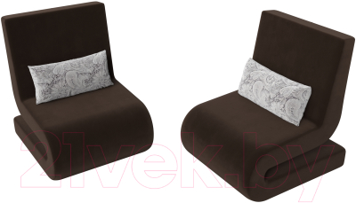Кресло мягкое Лига Диванов Волна (микровельвет коричневый/подушки велюр серый с узором)