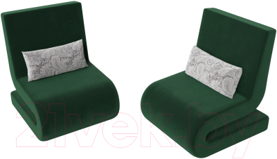 Кресло мягкое Лига Диванов Волна (велюр зеленый/подушки велюр серый с узором)