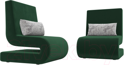 Кресло мягкое Лига Диванов Волна (велюр зеленый/подушки велюр серый с узором)