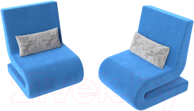 Кресло мягкое Лига Диванов Волна (велюр голубой/подушки велюр серый с узором)