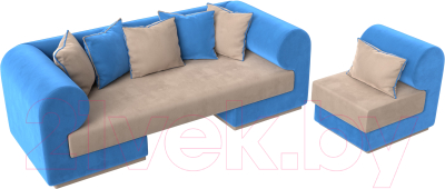 Комплект мягкой мебели Лига Диванов Кипр набор 2 (велюр бежевый/велюр голубой/подушка велюр бежевый/кант голубой)
