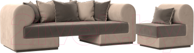 Комплект мягкой мебели Лига Диванов Кипр набор 2 (велюр коричневый/велюр бежевый/подушка велюр коричневый/кант бежевый)