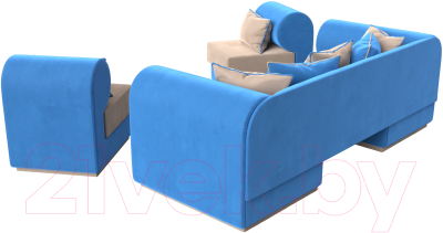 Комплект мягкой мебели Лига Диванов Кипр набор 3 (велюр бежевый/велюр голубой/подушки велюр бежевый/кант голубой)