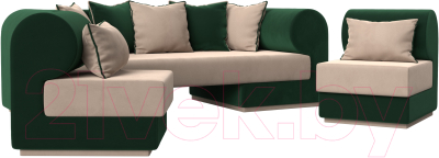Комплект мягкой мебели Лига Диванов Кипр набор 3 (велюр бежевый/велюр зеленый/подушки велюр бежевый/кант зеленый)