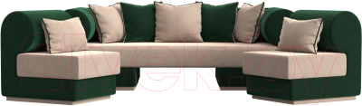 Комплект мягкой мебели Лига Диванов Кипр набор 3 (велюр бежевый/велюр зеленый/подушки велюр бежевый/кант зеленый)