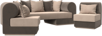 Комплект мягкой мебели Лига Диванов Кипр набор 3 (велюр бежевый/велюр коричневый/подушки велюр бежевый/кант коричневый) - 