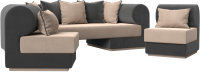 Комплект мягкой мебели Лига Диванов Кипр набор 3 (велюр бежевый/велюр серый/подушки велюр бежевый/кант серый) - 