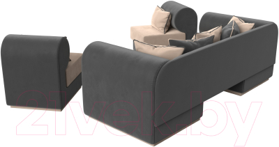 Комплект мягкой мебели Лига Диванов Кипр набор 3 (велюр бежевый/велюр серый/подушки велюр бежевый/кант серый)