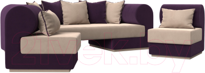 Комплект мягкой мебели Лига Диванов Кипр набор 3 (велюр бежевый/велюр фиолетовый/подушки велюр бежевый/кант фиолетовый)