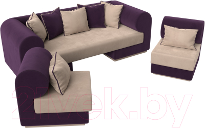 Комплект мягкой мебели Лига Диванов Кипр набор 3 (велюр бежевый/велюр фиолетовый/подушки велюр бежевый/кант фиолетовый)