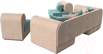 Комплект мягкой мебели Лига Диванов Кипр набор 3 (велюр бирюзовый/велюр бежевый/подушки велюр бирюзовый/кант бежевый)