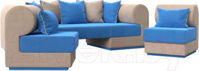 Комплект мягкой мебели Лига Диванов Кипр набор 3 (велюр голубой/велюр бежевый/подушки велюр голубой/кант бежевый)