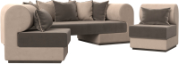 Комплект мягкой мебели Лига Диванов Кипр набор 3 (велюр коричневый/велюр бежевый/подушки велюр коричневый/кант бежевый) - 
