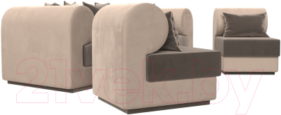 Комплект мягкой мебели Лига Диванов Кипр набор 3 (велюр коричневый/велюр бежевый/подушки велюр коричневый/кант бежевый)