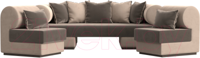 Комплект мягкой мебели Лига Диванов Кипр набор 3 (велюр коричневый/велюр бежевый/подушки велюр коричневый/кант бежевый)