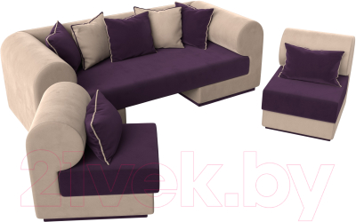 Комплект мягкой мебели Лига Диванов Кипр набор 3 (велюр фиолетовый/велюр бежевый/подушки велюр фиолетовый/кант бежевый)
