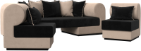 Комплект мягкой мебели Лига Диванов Кипр набор 3 (велюр черный/велюр бежевый/подушки велюр черный/кант бежевый) - 