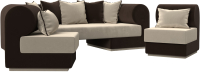 Комплект мягкой мебели Лига Диванов Кипр набор 3 (микровельвет бежевый/микровельвет коричневый/подушки микровельвет бежевый) - 