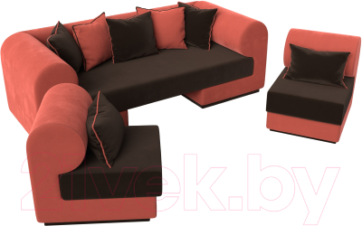 Комплект мягкой мебели Лига Диванов Кипр набор 3 (микровельвет коричневый/микровельвет коралловый/подушка микровельвет коричневый)