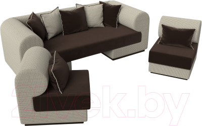 Комплект мягкой мебели Лига Диванов Кипр набор 3 (микровельвет коричневый/рогожка корфу 03/подушки микровельвет коричневый)