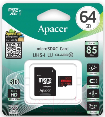 Карта памяти Apacer microSDHC (Class 10) 64GB + адаптер (AP64GMCSX10U5-R)