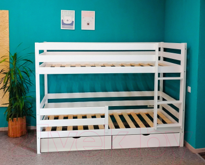 Двухъярусная кровать детская EcoWood Моритц 2 80х180 с бортиком и ящиками / ECO.001.00043.80-180.W