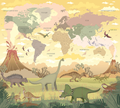 Фотообои листовые Vimala Карта мира динозавры (270x300)