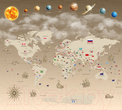 Фотообои листовые Vimala Карта мира с флагами (270x300)