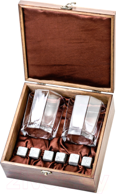 Набор для виски AMIRO ABW-104 В деревянной шкатулке (2 стакана, 6 камней)