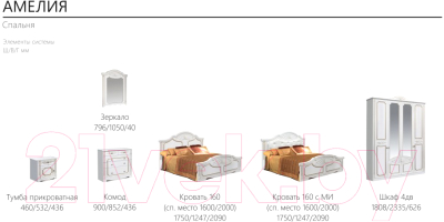 Комплект мебели для спальни Империал Амелия 160 МИ без ОМ ШК-4 (белый/золото)
