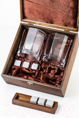 Набор для виски AMIRO ABW-103W В деревянной шкатулке (2 стакана, 6 камней)