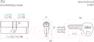 Изображение товара Цилиндровый механизм замка Нора-М ЛУ-90 55/35 (хром)