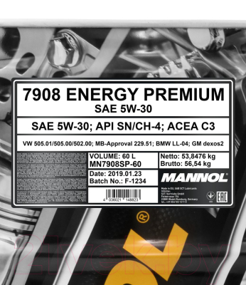 Моторное масло Mannol Energy Premium 5W30 API SN/CF SP / MN7908SP-60 (60л)