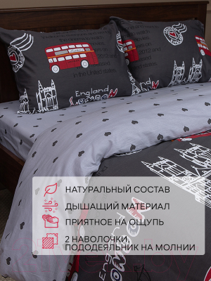 Комплект постельного белья Amore Mio Сатин Voyage Евро / 53753 (серый/красный)
