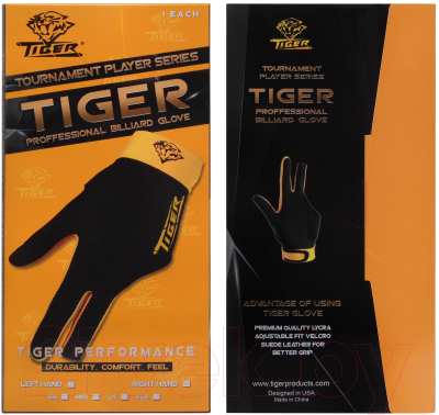 Перчатка для бильярда Tiger Professional Billiard Glove / 10694 (черный/желтый, левая)